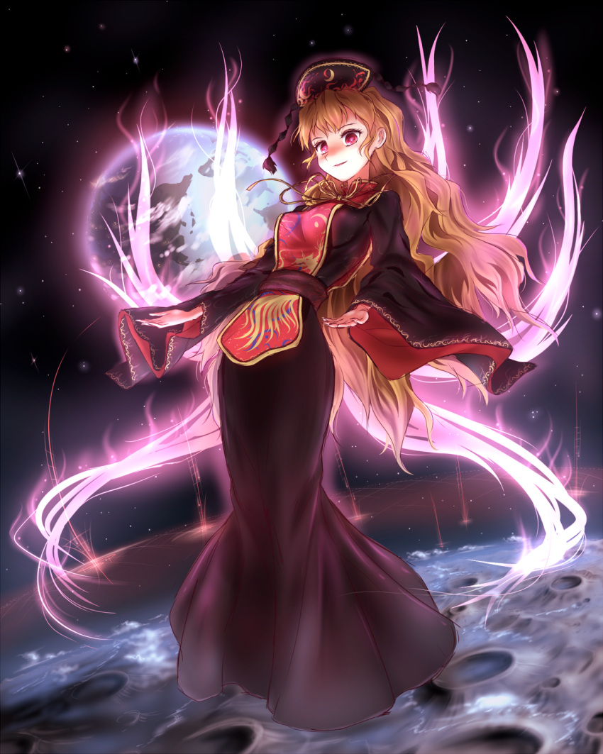 1girl animal_print aura black_dress blonde_hair breasts chinese_clothes dress earth energy fox_tail full_body hat highres junko_(touhou) leaning_back long_hair long_sleeves looking_at_viewer minust moon multiple_tails obi open_hands open_mouth orange_hair red_eyes ribbon sash shaded_face smile solo space tabard tail touhou very_long_hair wide_sleeves