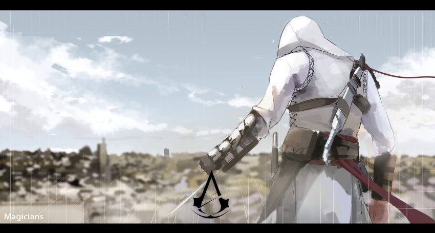 1boy altair_ibn_la-ahad artist_name assassin's_creed back blade bracer clenched_hand clouds hidden_blade highres hood magicians_(zhkahogigzkh) male_focus sky solo sword weapon