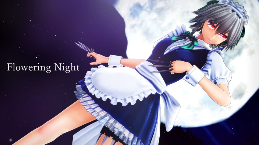 1girl 3d apron english full_moon highres izayoi_sakuya knife maid maid_apron maid_headdress mikumikudance moon oyasiro35 solo touhou