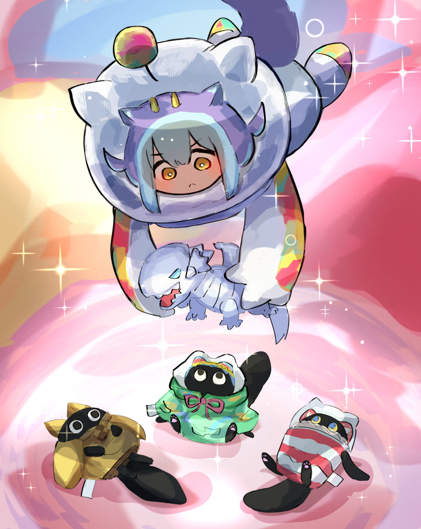 1girl absurdres animal-themed_food animal_hands black_cat blue-eyes_white_dragon cat cat_paws cooky_yummy cup cupsie_yummy dragon dragon_girl dragon_horns dragon_tail duel_monster eastern_dragon_horns food fruit hatano_kiyoshi highres horns laundry_dragonmaid lollipo_yummy midair neck_ribbon ribbon star_(symbol) tail yellow_eyes yu-gi-oh! yummy_snatchy