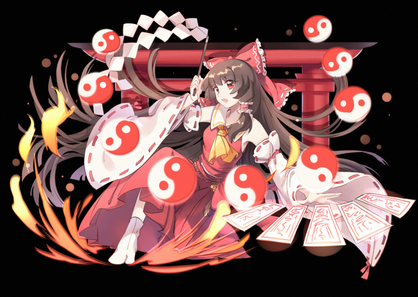 1girl ascot bell black_background bow brown_hair detached_sleeves fire frilled_bow frills glowing gohei hair_bow hair_tubes hakurei_reimu hand_up light_particles long_hair long_skirt looking_up open_hand open_mouth red_eyes red_skirt ribbon-trimmed_sleeves ribbon_trim rope round_teeth shadow shimenawa shiny shiny_hair siam_(meow13) side_glance simple_background sketch skirt sleeveless solo stance tabi talismans teeth torii touhou very_long_hair yin_yang