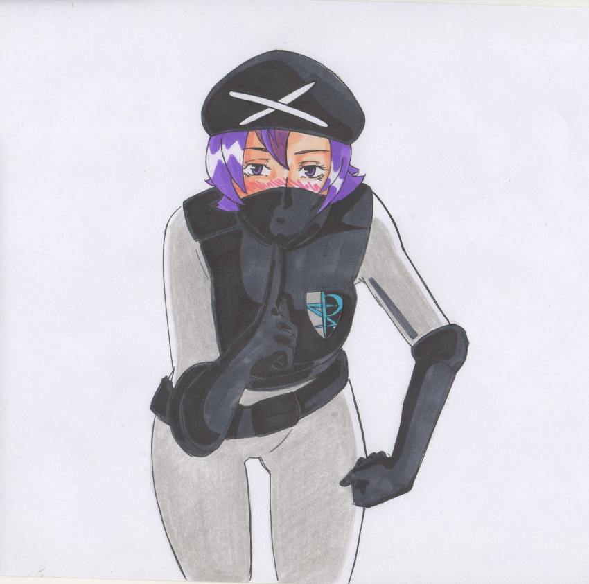 1girl absurdres belt beret black_gloves blush bodysuit commentary elbow_gloves face_mask frontier_brain gloves hat highres jhonb lila_(pokemon) mask pointing_finger pokemon pokemon_(game) purple_hair short_hair solo team_plasma team_plasma_(cosplay) uniform violet_eyes