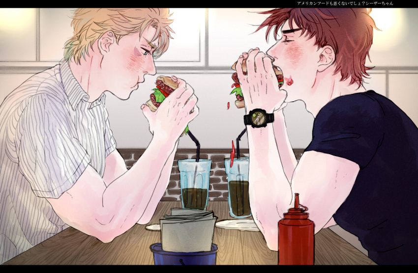 2boys abuko85 blonde_hair blue_eyes brown_hair caesar_anthonio_zeppeli collared_shirt cup drinking_glass drinking_straw eating facial_mark food food_on_face hamburger jojo_no_kimyou_na_bouken joseph_joestar_(young) ketchup letterboxed milkshake multiple_boys open_mouth shirt striped striped_shirt t-shirt translation_request watch watch