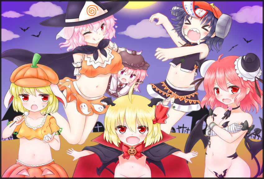 &gt;_&lt; 6+girls ;q animal_ears arm_ribbon bandaged_arm bat blonde_hair blush breasts brown_dress bun_cover cape chain cleavage closed_eyes collarbone commentary_request covering covering_breasts crop_top cuffs dango demon_girl demon_horns demon_tail demon_wings double_bun dress drooling eating fang fangs food full_moon hair_bun hair_ribbon halloween halloween_costume hat head_wings highres horns ibaraki_kasen jack-o'-lantern jiangshi large_breasts licking_lips looking_at_viewer midriff miniskirt miyako_yoshika mofu_mofu moon multiple_girls mystia_lorelei naked_cape naked_ribbon navel ofuda one_eye_closed open_mouth out-of-frame_censoring outstretched_arms pink_hair red_eyes revealing_clothes ribbon ringo_(touhou) rumia saigyouji_yuyuko screw shackles skirt sky sweatdrop tail tongue tongue_out touhou translation_request triangular_headpiece veil wagashi wings witch_hat zombie_pose