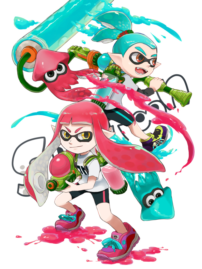 1boy 1girl bike_shorts domino_mask fangs highres inkling long_hair mask open_mouth paint_roller pointy_ears shoes sneakers splatoon squid super_soaker tentacle_hair yuyuwhite