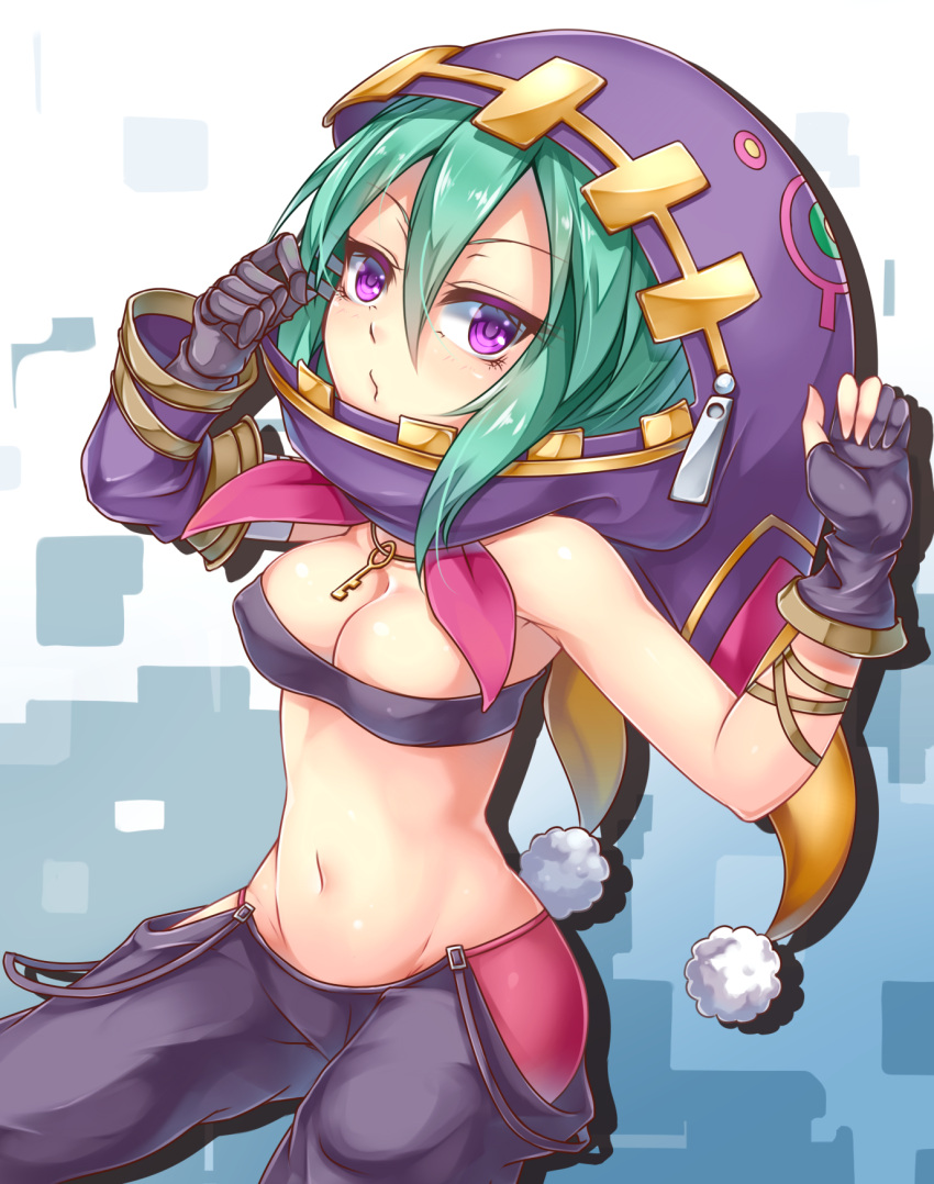 1girl :o aqua_hair armpits asymmetric_gloves bare_shoulders black_gloves blue_background breasts cleavage covered_nipples detached_sleeve gauntlets gloves hair_between_eyes highres hood jewelry karma_(road_to_dragons) key midriff navel necklace pants road_to_dragons shintani_tsushiya side_slit simple_background solo stomach violet_eyes white_background zipper