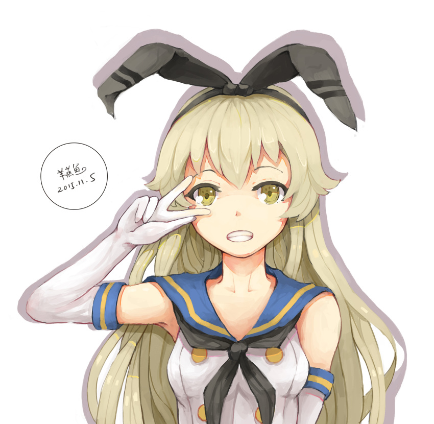 1girl absurdres bare_shoulders blonde_hair bow brown_eyes elbow_gloves gloves grin hair_bow hairband highres kantai_collection long_hair looking_at_viewer neckerchief sailor_collar shimakaze_(kantai_collection) simple_background smile solo upper_body v v_over_eye white_background white_gloves yang_zheng_yu