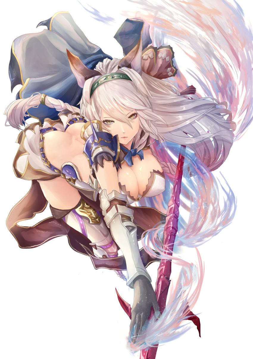 1girl animal_ears armor armored_dress bent_over braid breasts butt_crack cat_ears cleavage closed_mouth dress full_body gloves granblue_fantasy hair_between_eyes hair_tubes hairband heles highres holding_weapon large_breasts long_hair pip_(red_juice1869) polearm short_dress shoulder_pads silver_hair simple_background single_braid solo spear thigh-highs very_long_hair weapon white_background white_dress yellow_eyes