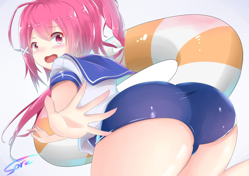 1girl ass blush commentary_request highres i-168_(kantai_collection) innertube kantai_collection open_mouth pink_eyes pink_hair school_swimsuit school_uniform serafuku short_sleeves solo sora_(silent_square) swimsuit swimsuit_under_clothes wavy_mouth