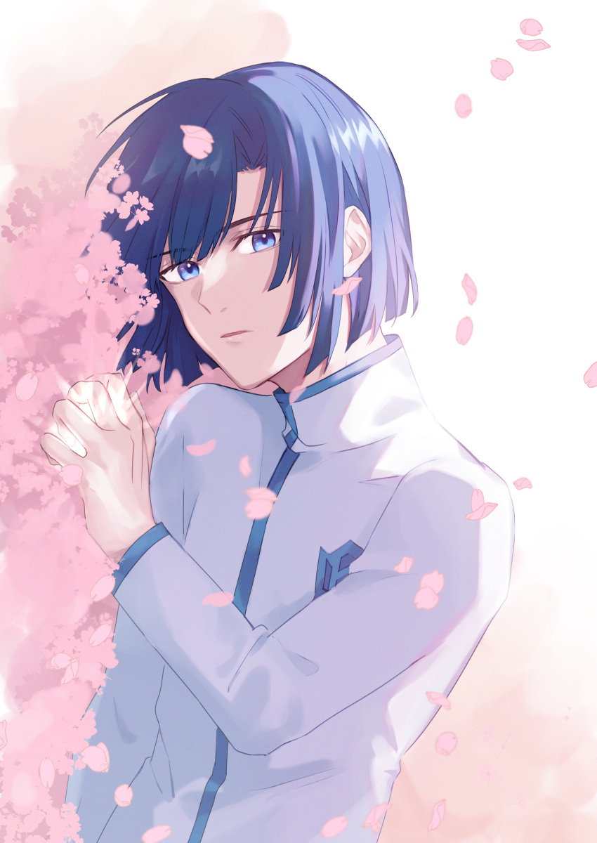 1boy absurdres backlighting bangs blue_eyes blue_hair bob_cut cherry_blossoms clenched_hand eyebrows_visible_through_hair falling_petals high_collar highres hikaru_no_go huge_filesize kpmk looking_at_viewer lying male_focus on_side parted_lips petals school_uniform short_hair sideways solo touya_akira turtleneck upper_body