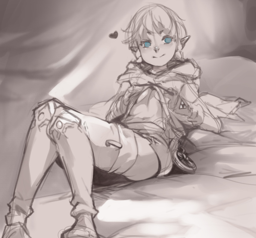 1girl blue_eyes boots braid heart hood_down linkle long_hair norasuko on_bed pointy_ears sketch smile solo spot_color the_legend_of_zelda thigh-highs thigh_boots triforce twin_braids zelda_musou