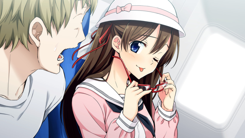 airplane airplane_interior alternate_costume ascot blue_eyes brown_hair glasses glasses_removed go!_go!_nippon!_2015 go!_go!_nippon!_~my_first_trip_to_japan~ hair_ribbon hat long_hair misaki_makoto_(go!_go!_nippon!) no_eyes one_eye_closed ribbon shirt short_hair sweat t-shirt tongue tongue_out twintails winking