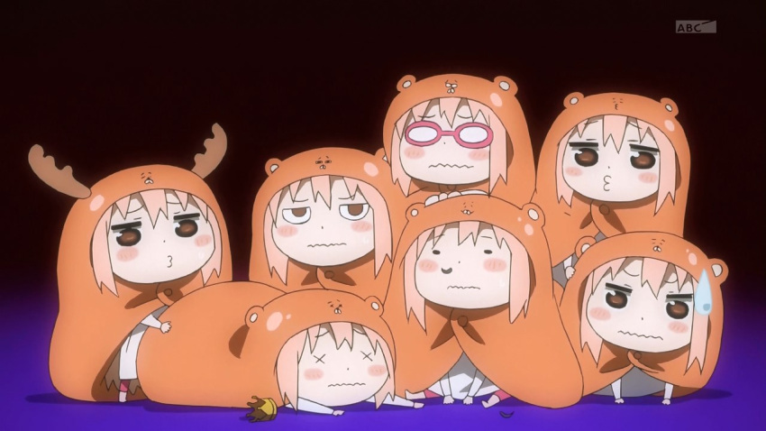 1girl :3 antlers chibi crown doma_umaru fake_mustache glasses gradient gradient_background himouto!_umaru-chan hoodie looking_at_viewer multiple_persona reaction screencap sweatdrop wavy_mouth x_x