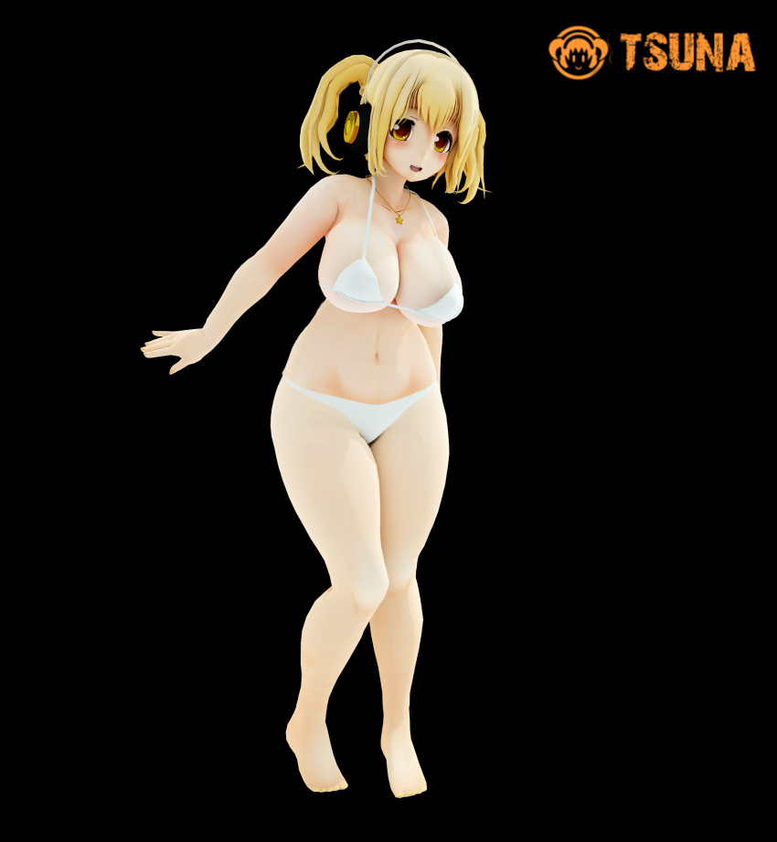 1girl 3d bikini blonde_hair blush breasts cleavage headphones highres huge_breasts looking_at_viewer navel nitroplus open_mouth orange_eyes plump short_hair smile solo sora12 super_pochaco swimsuit twintails white_swimsuit