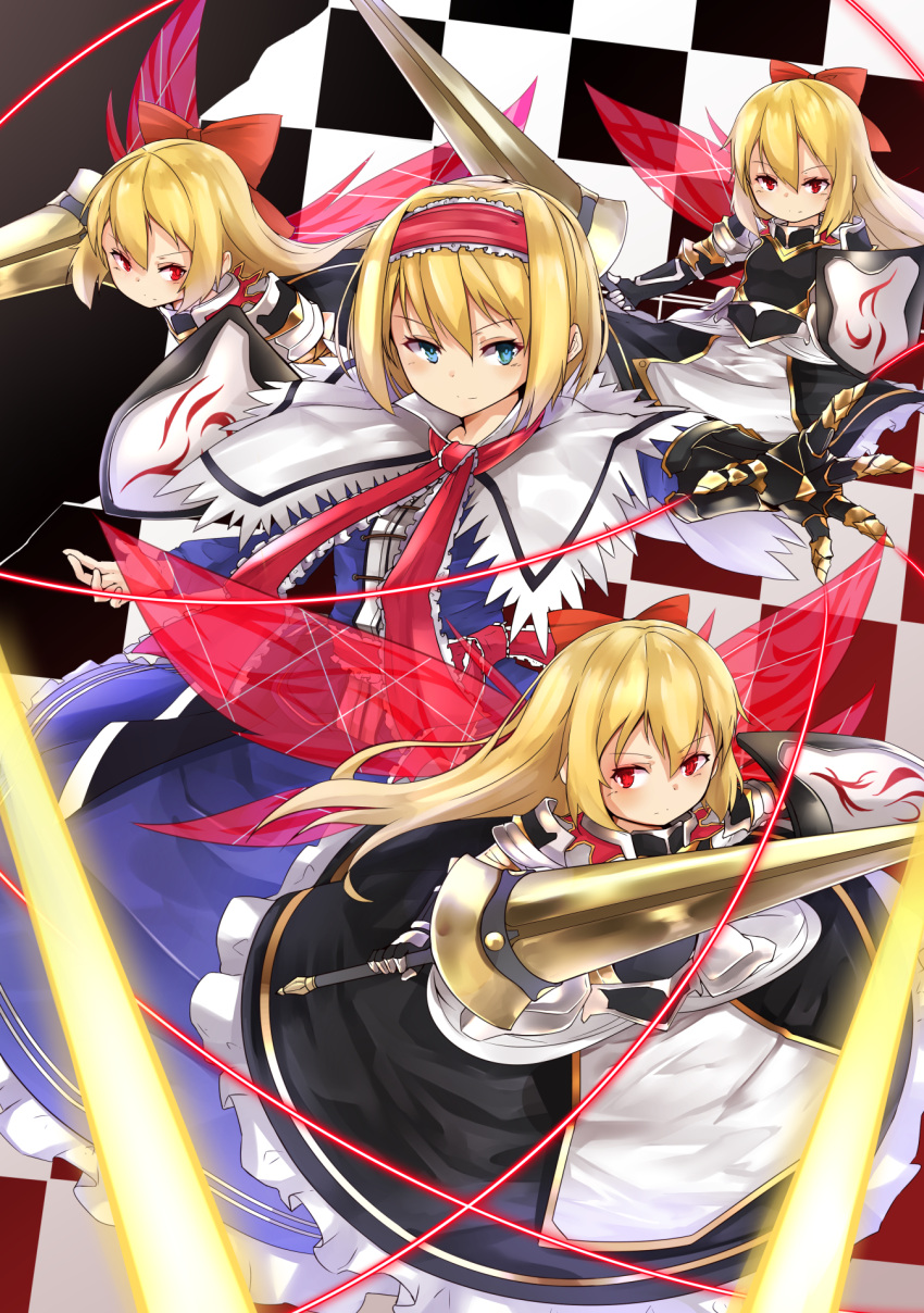 1girl alice_margatroid armor armored_dress blonde_hair blue_dress blue_eyes capelet checkered checkered_background doll dress elusya fairy_wings hair_ribbon hairband highres long_hair long_sleeves necktie red_eyes ribbon sash shanghai_doll shield short_hair smile solo touhou weapon wings