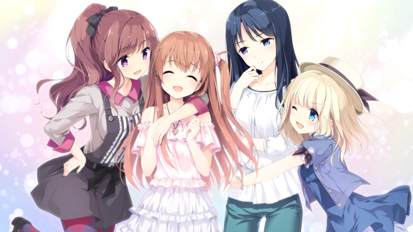 &gt;;d 4girls :d ;d ^_^ aqua_eyes arm_around_shoulder bead_bracelet blonde_hair blue_eyes bow bracelet casual character_request closed_eyes dress game_cg girl_sandwich hair_bow hair_scrunchie hand_on_hip happy hat himeno_sena jewelry kimishima_ao koi_kakeru_shin-ai_kanojo multiple_girls one_eye_closed one_side_up open_mouth overall_skirt pants pantyhose pink_eyes ponytail sandwiched shirt smile