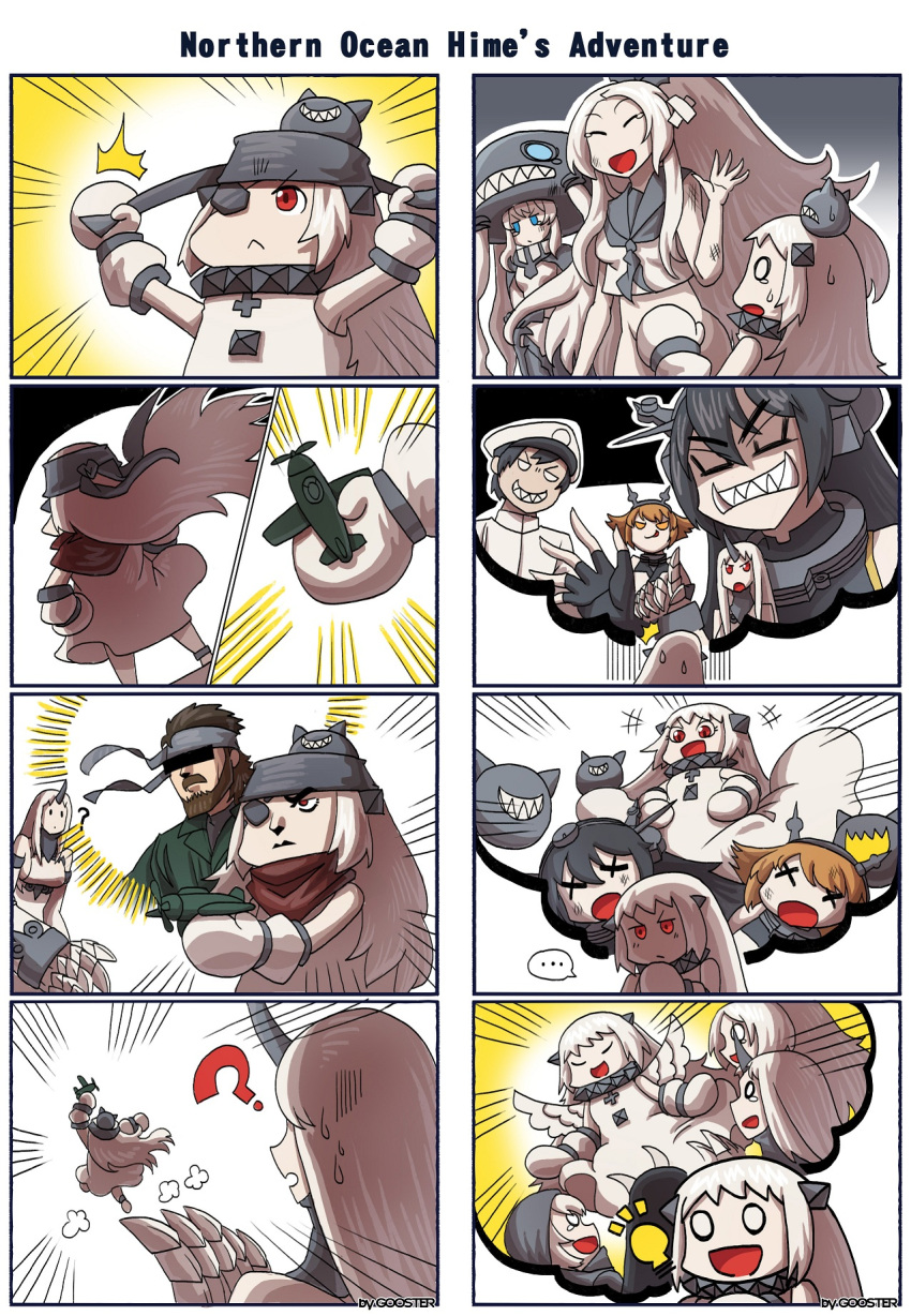 4koma :d ? ^_^ admiral_(kantai_collection) airplane armored_aircraft_carrier_oni bar_censor battleship_hime big_boss blue_eyes censored closed_eyes comic dress enemy_aircraft_(kantai_collection) eyepatch gooster headband headgear highres holding horns identity_censor kantai_collection metal_gear_(series) mittens multiple_4koma mutsu_(kantai_collection) nagato_(kantai_collection) northern_ocean_hime o_o open_mouth ponytail re-class_battleship red_eyes seaport_hime shinkaisei-kan silent_comic smile sweat tearing_up white_dress white_hair white_skin wo-class_aircraft_carrier x_x
