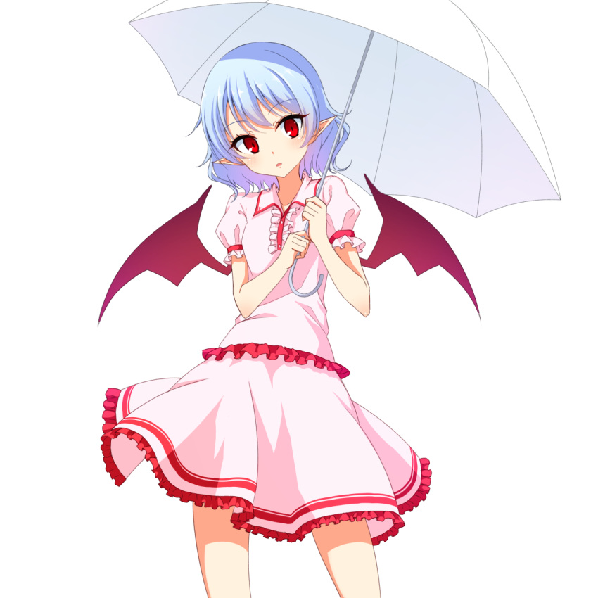 1girl bat_wings highres holding_umbrella junior27016 lavender_hair looking_at_viewer open_mouth pointy_ears puffy_short_sleeves puffy_sleeves red_eyes remilia_scarlet short_hair short_sleeves touhou wings