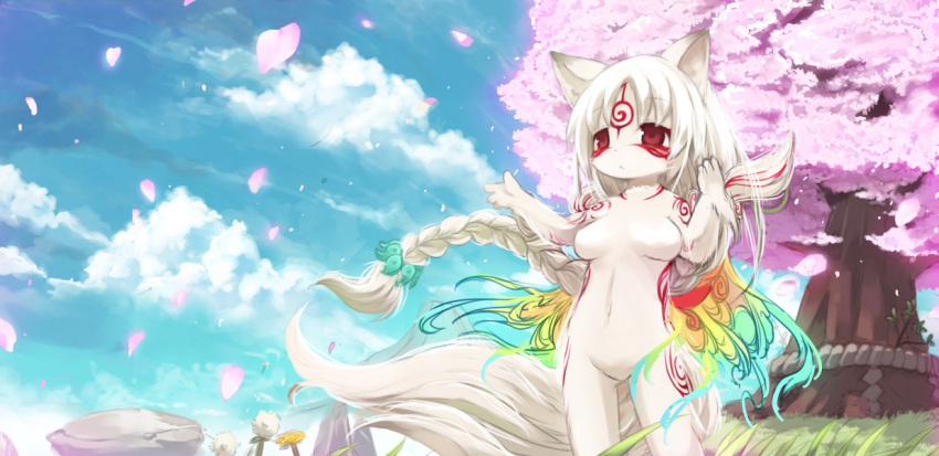 1girl amaterasu animal_ears breasts cherry_blossoms furry kishibe nude ookami_(game) personification red_eyes solo tail white_hair