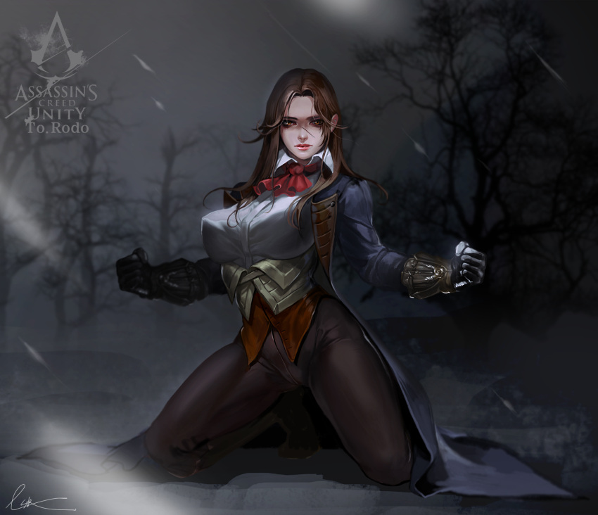1girl arno_dorian assassin's_creed breasts brown_eyes brown_hair clenched_hand coat crotch_seam genderswap hidden_blade highres kneeling large_breasts long_hair looking_at_viewer lsr night pants solo tree