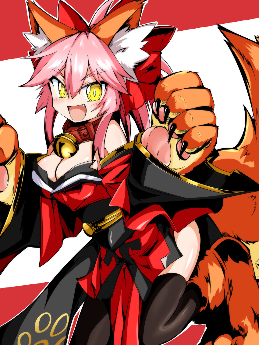 1girl absurdres animal_ear_fluff animal_ears bakunyuu_gorilla bell bell_collar black_legwear blush breasts cat_paws cleavage collar fangs fate/grand_order fate_(series) fox_ears fox_tail gloves hair_ribbon highres jingle_bell large_breasts long_hair paw_gloves paw_shoes paws pink_hair ponytail red_ribbon ribbon shoes solo tail tamamo_(fate)_(all) tamamo_cat_(fate) thigh-highs yellow_eyes