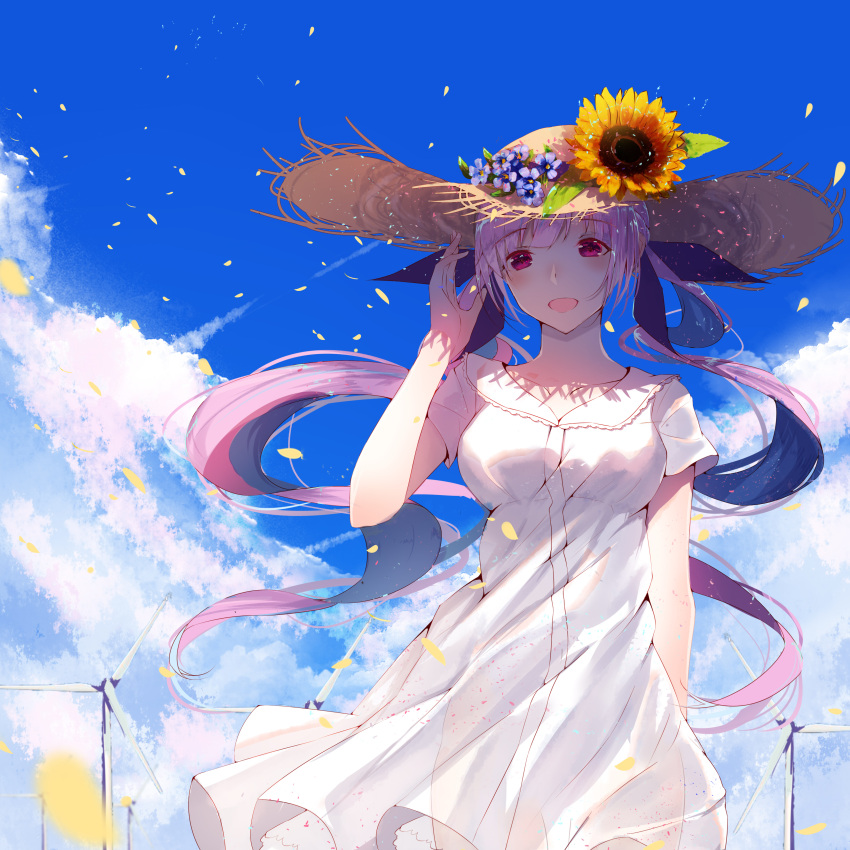 1girl :d absurdres bangs blue_flower blue_sky blush breasts brown_headwear clouds cloudy_sky collarbone commentary day dress eyebrows_visible_through_hair flower hand_up hat hat_flower highres hololive long_hair looking_at_viewer medium_breasts minato_aqua open_mouth orange_flower outdoors petals purple_hair re:rin short_sleeves sky smile solo straw_hat sunflower twintails very_long_hair violet_eyes virtual_youtuber white_dress wind_turbine windmill
