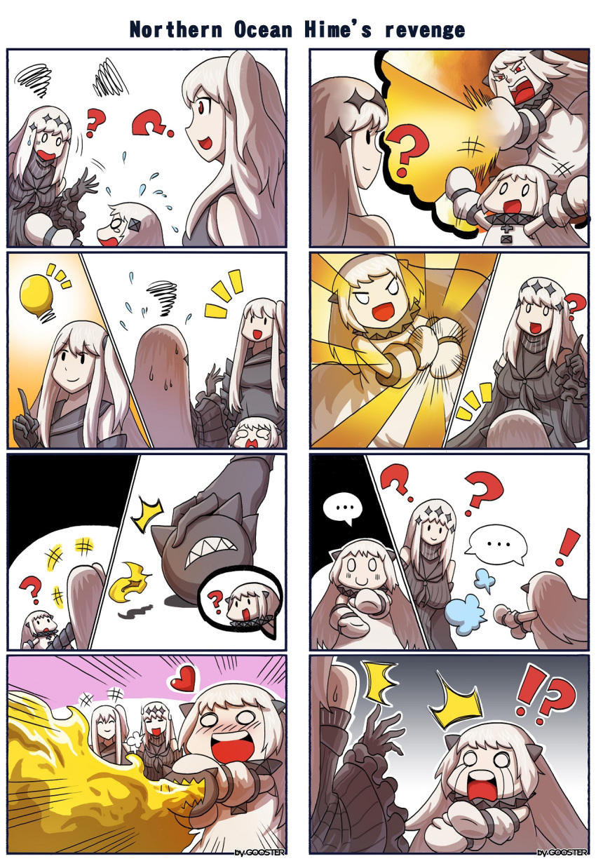! +_+ ... 4koma :d ? ^_^ aircraft_carrier_oni aircraft_carrier_water_oni blush closed_eyes comic crying detached_sleeves dragon_ball dress enemy_aircraft_(kantai_collection) flying_sweatdrops gooster hair_ornament heart highres horns kamehameha kantai_collection light_bulb mittens multiple_4koma northern_ocean_hime one_side_up open_mouth red_eyes shinkaisei-kan silent_comic smile streaming_tears sweat tears white_dress white_hair white_skin