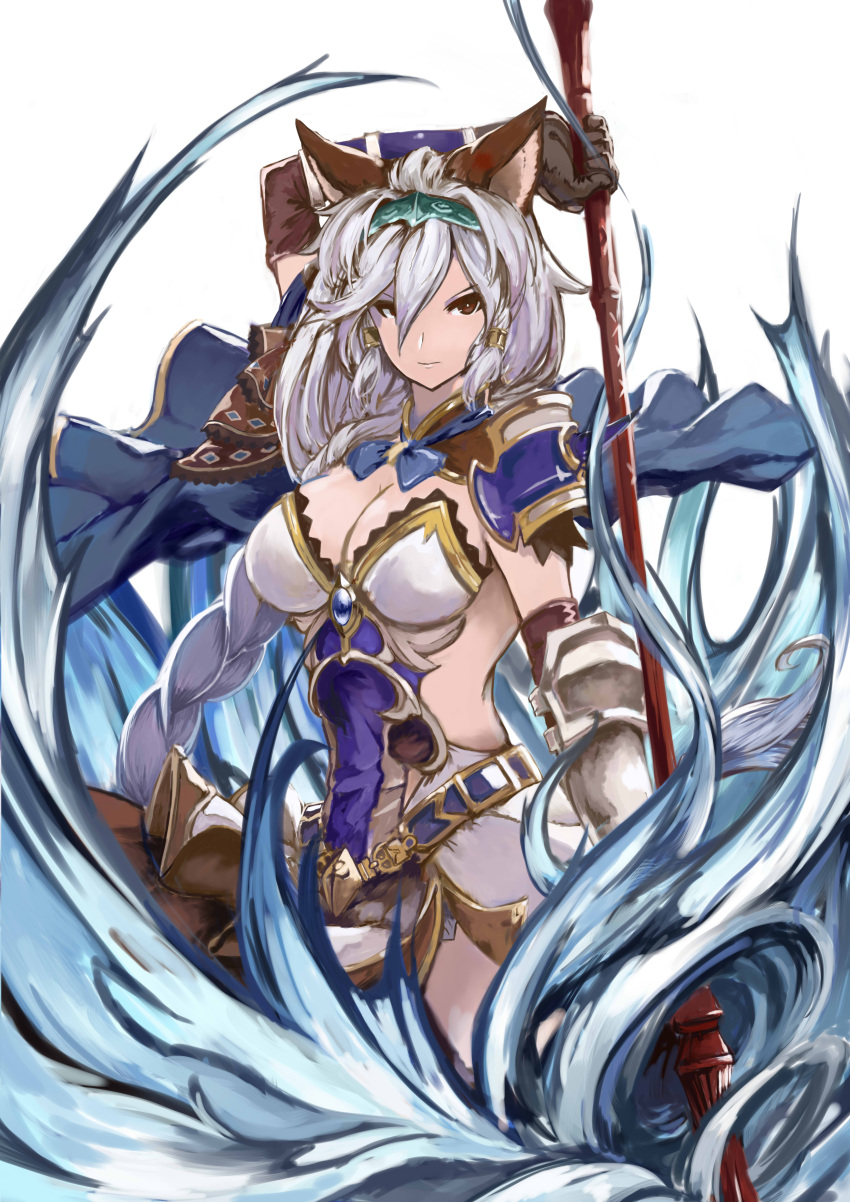 1girl absurdres animal_ears armor armored_dress braid breasts cat_ears cleavage dress granblue_fantasy hair_intakes hair_tubes hairband heles highres large_breasts long_hair polearm red_eyes single_braid solo spear weapon white_hair