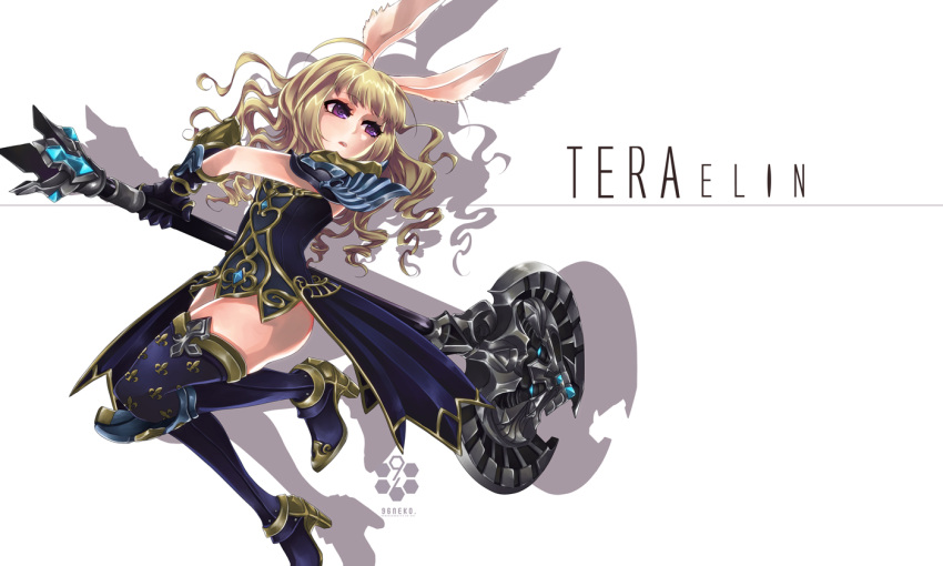 1girl 96neko_mtm animal_ears armor axe blonde_hair boots dress elin_(tera) fighting_stance gloves high_heels huge_weapon long_hair looking_back open_mouth rabbit_ears shadow showgirl_skirt simple_background solo tera_online thigh-highs thigh_boots violet_eyes weapon white_background zettai_ryouiki