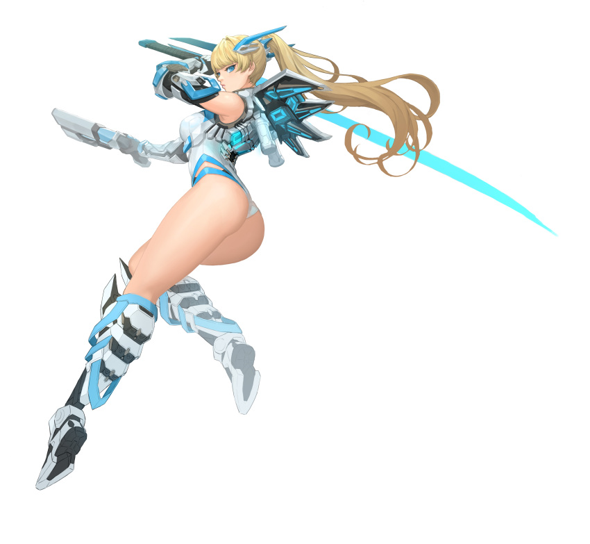 1girl absurdres ass blonde_hair blue_eyes boots cherrylich gun highres lips long_hair original ponytail simple_background solo sword thighs weapon white_background