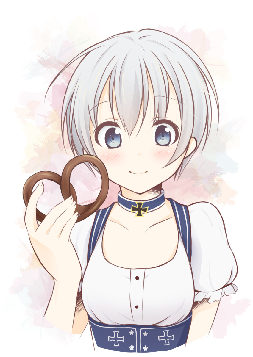 1girl 2015 absurdres alternate_costume artist_name blue_eyes blush chocolate chocolate_covered collarbone dated dirndl german_clothes highres holding iron_cross kantai_collection looking_at_viewer mimamui pretzel short_hair short_sleeves signature silver_hair small_breasts smile solo upper_body z1_leberecht_maass_(kantai_collection)