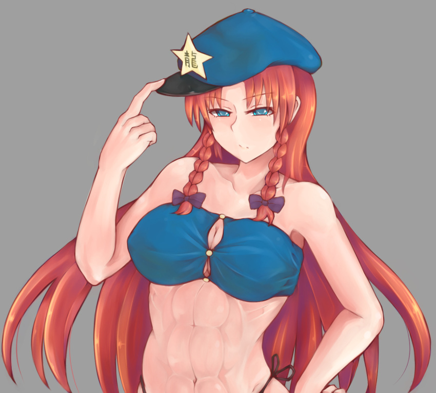 1girl abs aqua_eyes beret bow braid breasts collarbone covered_nipples expressionless grey_background hair_bow hand_on_hip hat hat_tip highres hong_meiling katsuko_wi_wi long_hair neck simple_background solo star string_panties toned touhou twin_braids upper_body very_long_hair