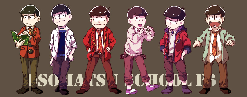 6+boys bespectacled black_hair blazer brothers cardigan choromatsu f6 glasses hands_in_pockets hands_on_hips heart heart_hands heart_in_mouth highres hoodie ichimatsu jewelry jyushimatsu karamatsu male_focus multiple_boys necklace necktie one_eye_closed osomatsu-kun osomatsu-san osomatsu_(osomatsu-kun) pants pants_rolled_up reading school_uniform sextuplets sheeeh! siblings sleeves_pushed_up smile todomatsu