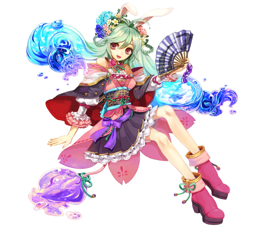 1girl :d ahoge animal_ears aqua_hair arm_support bangs blue_hair boots braid copyright_request fan flower folding_fan frilled_sleeves frills full_body gradient_hair hair_flower hair_ornament liquid_hair looking_at_viewer miniskirt multicolored_hair nana_(nanalog76) open_mouth pink_boots pleated_skirt rabbit_ears red_eyes ribbon-trimmed_clothes ribbon_trim sash simple_background sitting skirt slim_legs smile solo twin_braids twintails white_background