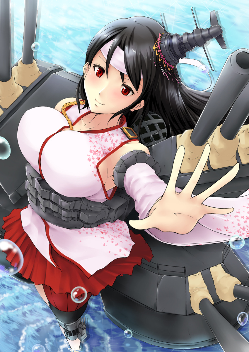 1girl bare_shoulders black_hair breasts cannon detached_sleeves epaulettes floral_print from_above fusou_(kantai_collection) hair_ornament headband highres japanese_clothes kantai_collection long_hair looking_at_viewer micesakenomitai nontraditional_miko red_eyes remodel_(kantai_collection) skirt smile turret
