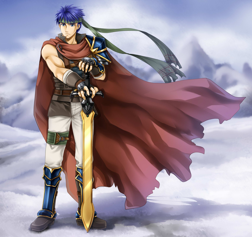 1boy armor armored_boots blue_eyes blue_hair cape fingerless_gloves fire_emblem fire_emblem:_akatsuki_no_megami fire_emblem:_souen_no_kiseki gauntlets gloves headband highres ike pants serious solo sword weapon yuino_(fancy_party)