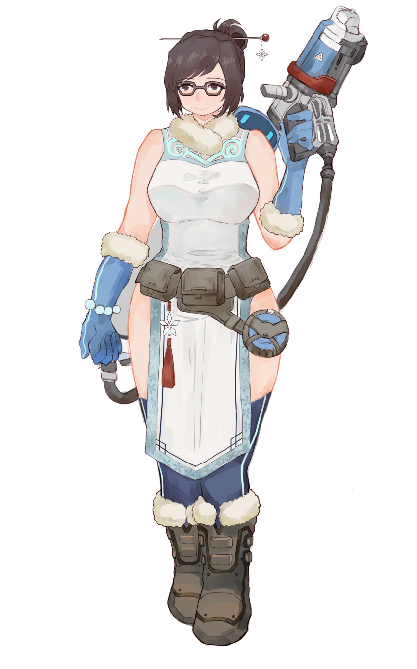 1girl absurdres bare_shoulders blue_legwear boots breasts brown_eyes gun highres light_smile mei-ling_zhou mei_(overwatch) overwatch short_hair simple_background solo thigh-highs thighs tied_hair viccik weapon white_background