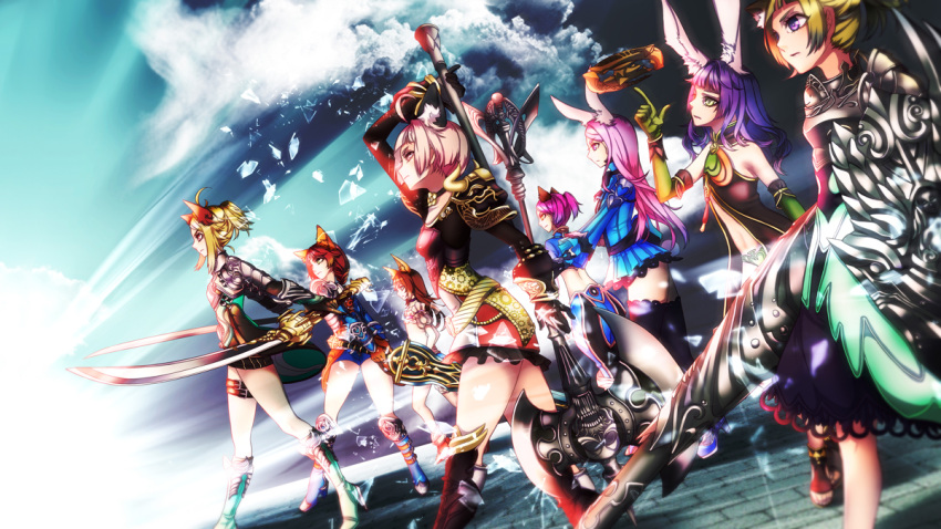 6+girls 96neko_mtm animal_ears armor axe blonde_hair boots brown_hair cat_ears clouds dog_ears dress dual_wielding elbow_gloves elin_(tera) fighting_stance gloves green_eyes huge_weapon knee_boots lance midriff multiple_girls no_tail panties pink_eyes pink_hair polearm purple_hair rabbit_ears red_eyes sandals shield shoes short_dress short_hair short_twintails shorts sky staff sword tera_online thigh-highs thigh_strap twintails underwear weapon