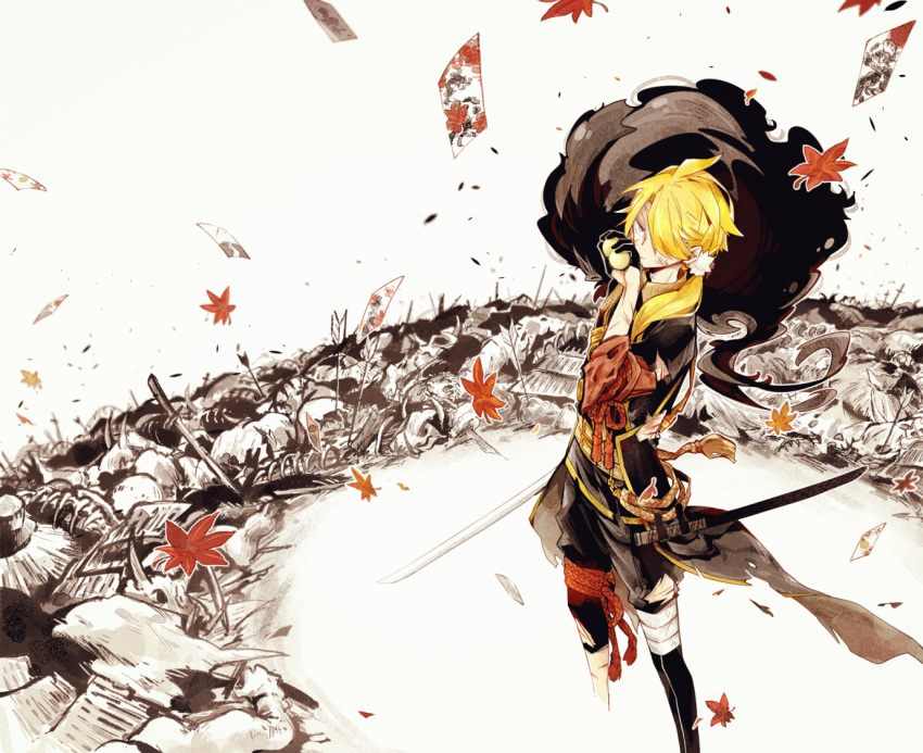 1boy armor arrow bandages battlefield black_gloves blonde_hair bruise falling_leaves gloves hair_over_one_eye hand_on_own_face holding_sword holding_weapon injury japanese_clothes karasmo katana leaf long_hair low_ponytail male_focus maple_leaf ponytail rope scar sheath shishiou shishiou_no_mofumofu solo_focus standing sword torn_clothes touken_ranbu weapon
