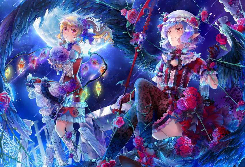 2girls alternate_wings bangs bare_shoulders bat_wings black_legwear black_ribbon black_wings blonde_hair blush boots broken closed_mouth cross cross-laced_clothes detached_collar ekira_nieto feathered_wings fence flandre_scarlet floral_print flower frilled_skirt frills frown garters gloves hair_flower hair_ornament hat highres holding holding_flower holding_weapon knee_boots kneehighs lace_gloves lace_legwear long_hair looking_at_viewer mob_cap moon multiple_girls night night_sky outdoors parted_lips pillar pointy_ears print_skirt puffy_short_sleeves puffy_sleeves purple_hair purple_rose red_boots red_eyes red_flower red_gloves red_rose red_shoes red_skirt remilia_scarlet ribbon rose see-through shoes shooting_star short_hair short_sleeves siblings side_ponytail sidelocks sisters sitting skirt skirt_set sky smile spear_the_gungnir standing thigh-highs touhou vampire vines white_legwear wings