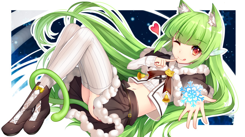 1girl ;q animal_ears bangs bell belt bison_cangshu black_boots black_shoes boots bow buckle capelet cat_ears cat_tail cross-laced_footwear eyebrows eyebrows_visible_through_hair finger_to_mouth full_body green_hair heart highres index_finger_raised lace-up_boots long_hair long_sleeves looking_at_viewer midriff miniskirt moegirlpedia-tan one_eye_closed os-tan outstretched_arm red_eyes ribbed_legwear ribbed_sweater ribbon shirt shoes skirt snowflakes solo striped striped_ribbon sweater tail thigh-highs tongue tongue_out white_legwear white_shirt yellow_bow