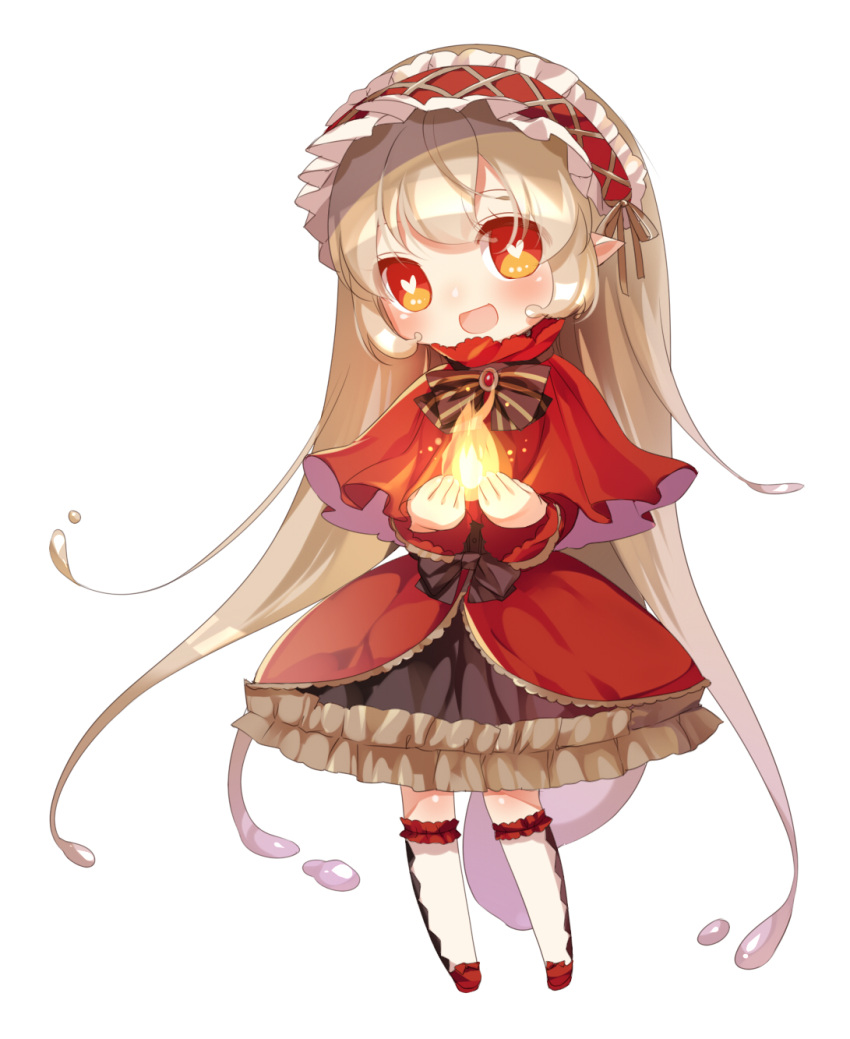 1girl :d blonde_hair bowtie dress dripping fire flame full_body hairband head_tilt heart heart-shaped_pupils highres kneehighs lolita_hairband long_hair long_sleeves looking_at_viewer magical_girl mvv open_mouth original red_dress red_eyes ribbon simple_background smile solo standing symbol-shaped_pupils thigh-highs very_long_hair white_background white_legwear zettai_ryouiki