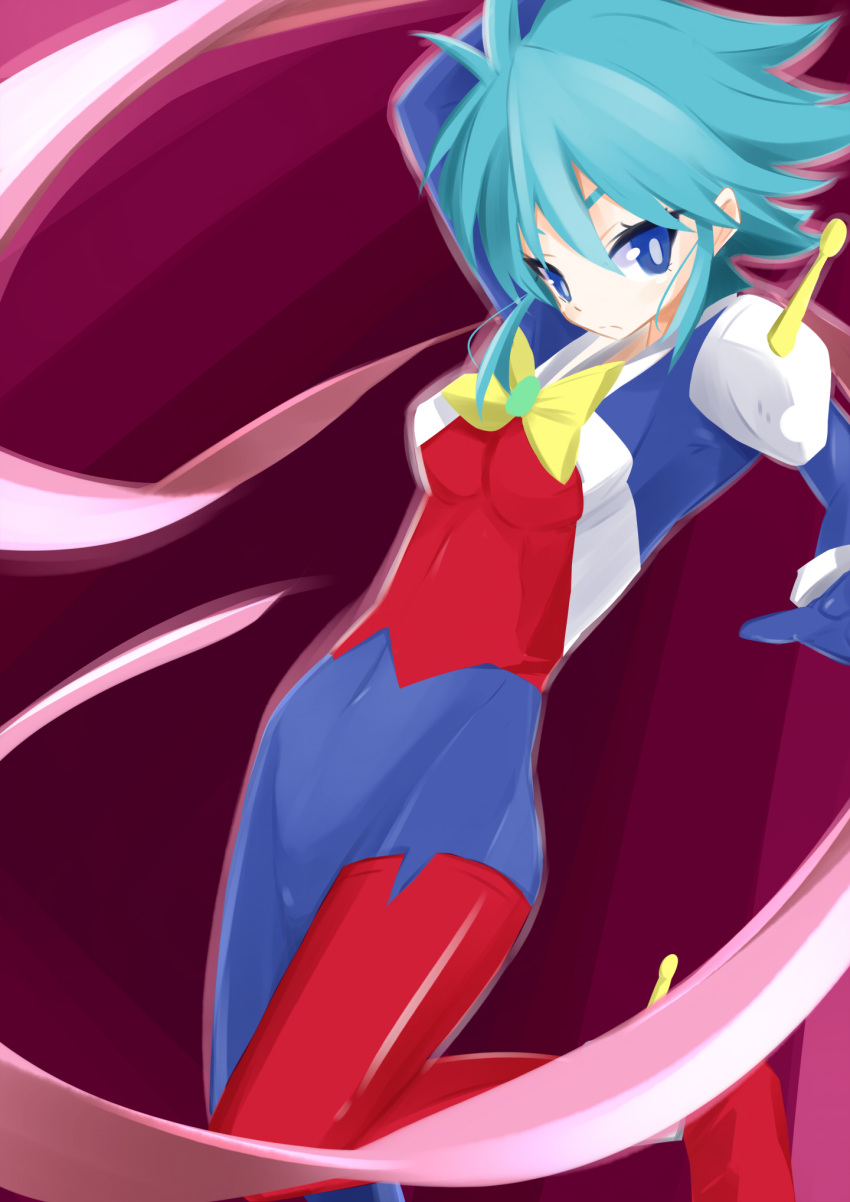 1girl allenby_beardsley allenby_beardsley_(cosplay) blue_eyes blue_hair bodysuit bow bright_pupils cosplay dorasan expressionless g_gundam gloves gundam highres look-alike nishijima_waon precure purple_background ribbon short_hair solo suite_precure yellow_bow