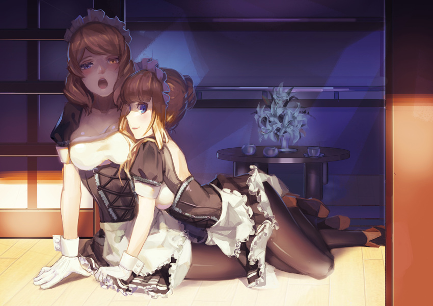 2girls :o apron black_dress black_legwear blonde_hair blue_eyes blush breasts cleavage corset cross-laced_clothes cup dress flower frilled_apron gloves hair_bun heterochromia high_heels indoors leaning_forward lily_(flower) liyou-ryon looking_at_viewer maid_headdress multiple_girls pantyhose puffy_short_sleeves puffy_sleeves renown_(zhan_jian_shao_nyu) repulse_(zhan_jian_shao_nyu) short_sleeves sitting table teacup underbust waist_apron white_flower white_gloves wooden_floor wrist_cuffs yellow_eyes yuri zhan_jian_shao_nyu