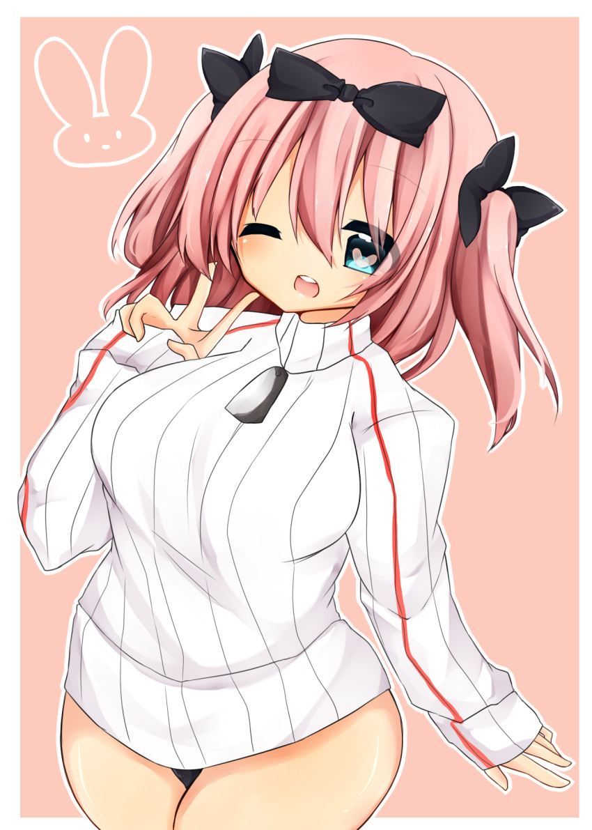 1girl a-iueo blue_eyes blush bow breasts buruma commentary_request hair_bow heart heart-shaped_pupils hibari_(senran_kagura) highres large_breasts looking_at_viewer one_eye_closed open_mouth pink_hair plump senran_kagura senran_kagura_(series) short_hair short_twintails smile solo sweater symbol-shaped_pupils twintails v