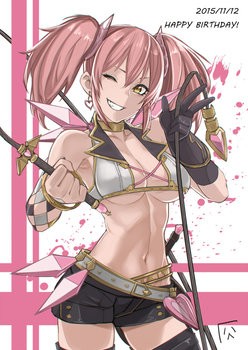 1girl ;d bare_shoulders black_glove black_legwear breasts brown_eyes choker cleavage clenched_hand collarbone cowboy_shot dated earrings elbow_gloves fang gem gloves grin happy_birthday heart heart_earrings highres idolmaster idolmaster_cinderella_girls jewelry jougasaki_mika looking_at_viewer looking_to_the_side midriff mismatched_gloves navel one_eye_closed open_mouth pink_hair ryu0120 short_shorts shorts simple_background smile stomach teeth thigh-highs two_side_up under_boob v zettai_ryouiki