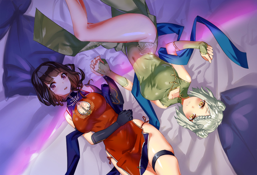 2girls anchor_symbol bangs bed_sheet bottomless braid breasts brown_hair china_dress chinese_clothes chongqing_(zhan_jian_shao_nyu) cleavage_cutout covered_navel detached_sleeves double_bun eyebrows eyebrows_visible_through_hair gloves holding_hands interlocked_fingers liyou-ryon looking_at_viewer lying multiple_girls on_back pillow short_hair side_slit silver_hair single_glove string thigh_strap upside-down white_hair yat_sen_(zhan_jian_shao_nyu) yellow_eyes zhan_jian_shao_nyu