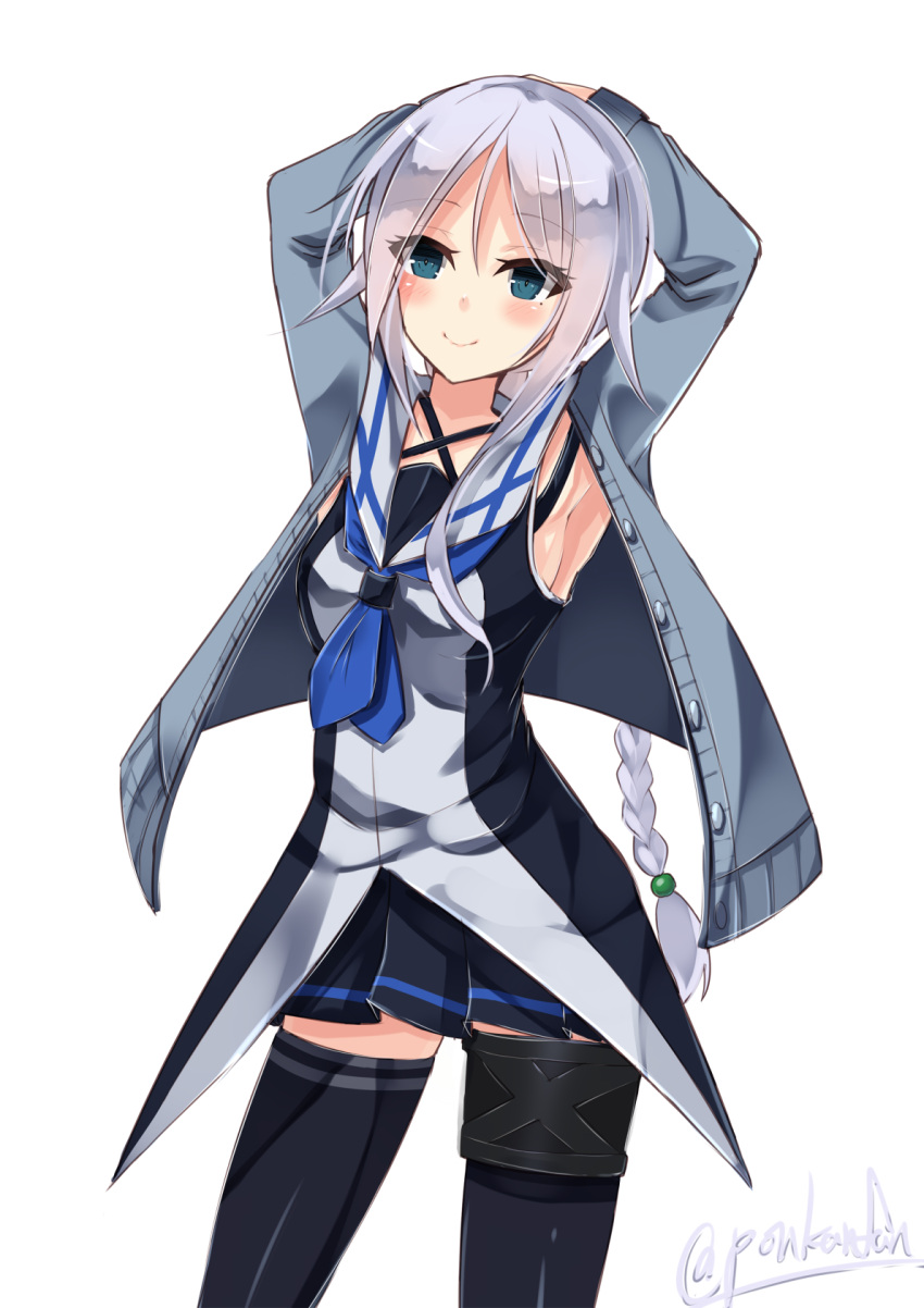 1girl armpits arms_behind_head artist_name bangs black_legwear black_skirt blue_eyes blue_hair blush braid breasts eyes_visible_through_hair grey_jacket head_tilt highres jacket kantai_collection long_hair long_sleeves looking_at_viewer mole mole_under_eye neckerchief open_clothes open_jacket p.k.f parted_bangs pleated_skirt shirt sideboob simple_background single_braid skirt sleeveless sleeveless_shirt smile solo standing thigh-highs umikaze_(kantai_collection) unbuttoned very_long_hair white_background zettai_ryouiki