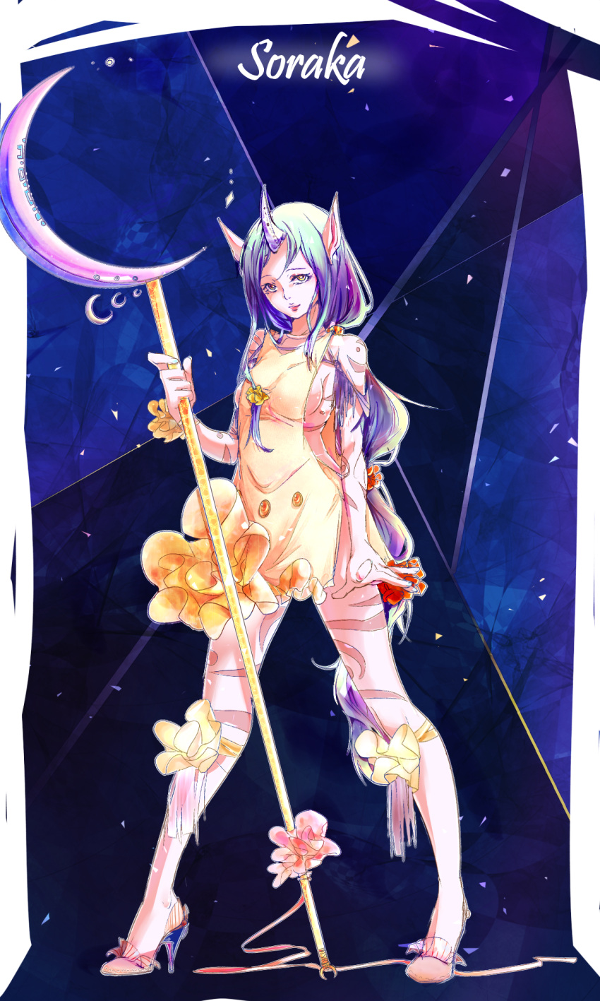 1girl alternate_costume alternate_hair_color alternate_skin_color artist_request bare_shoulders breasts character_name crescent full_body high_heels highres horn league_of_legends long_hair looking_at_viewer pointy_ears ponytail purple_hair sideboob solo soraka staff tattoo very_long_hair yellow_eyes