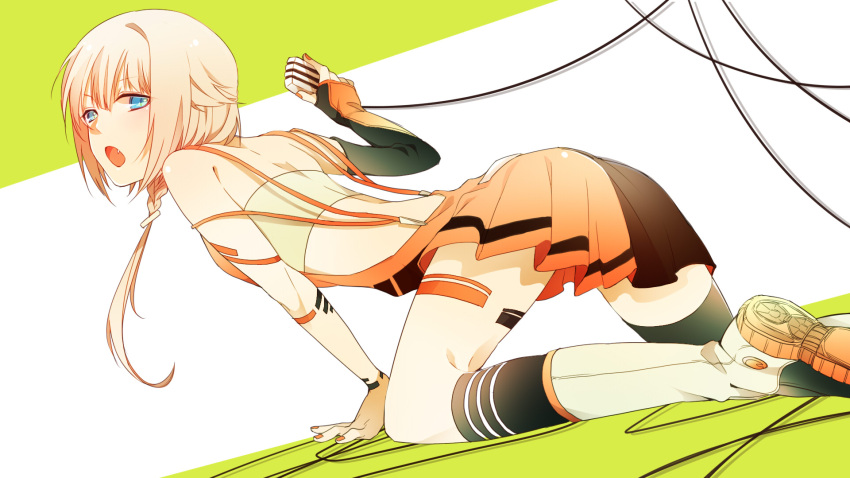 1girl :o arched_back bangs black_legwear blonde_hair blue_eyes blush boots braid cable cevio fang fingerless_gloves gloves highres holding_microphone kneehighs long_hair looking_at_viewer looking_back microphone nail_polish off_shoulder one_(cevio) orange_nails pleated_dress retoru_(clown_abyss) single_braid single_glove single_kneehigh single_thighhigh solo suspenders tattoo thigh-highs white_background